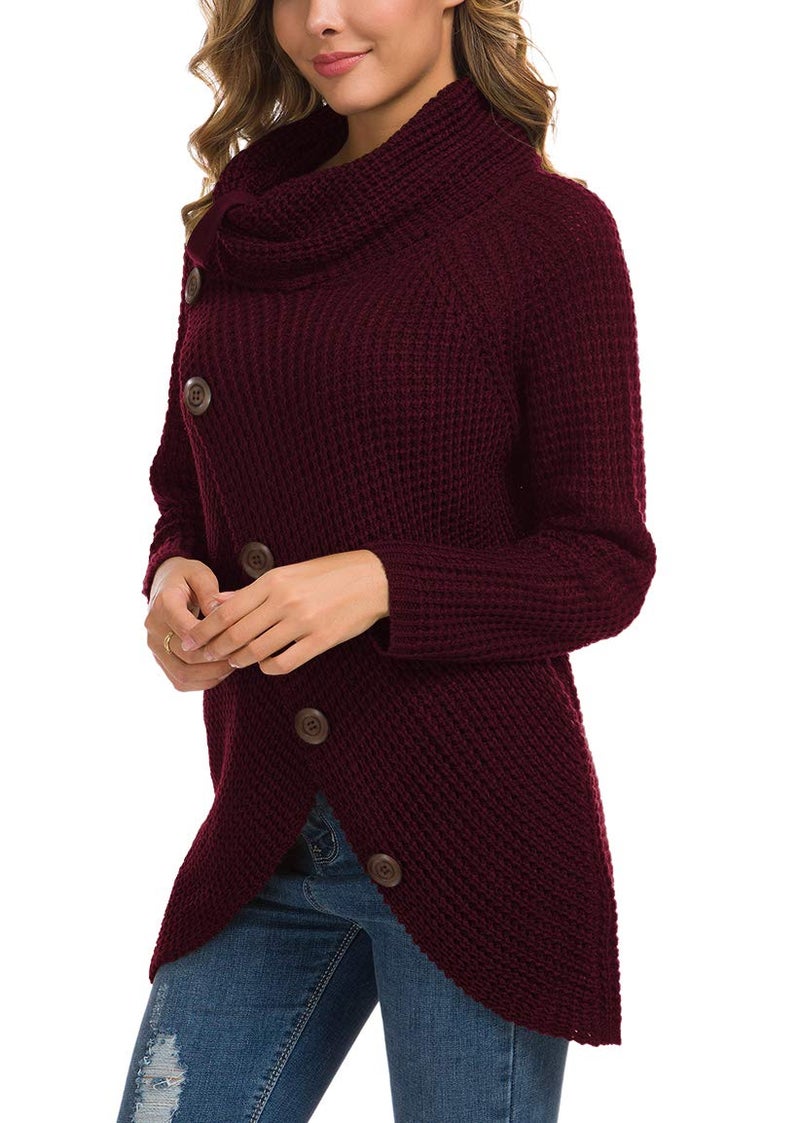 GRECERELLE Women's Fall Chunky Turtleneck Long Sleeve Asymmetric Hem Loose Knit Pullover Sweaters Tops, Wine Red, M - Image 3